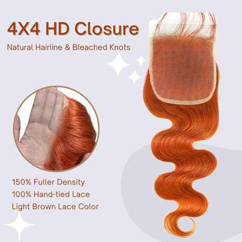 12A Ginger 3 Bundles With 4x4 HD Lace Closure Human Hair Body Wave 16 18 20+16 IN, 100% Brazilian Virgin Hair Soft And Shed-Free Copper Ginger 350 Body Wave Bundles With Closure Pre Plucked