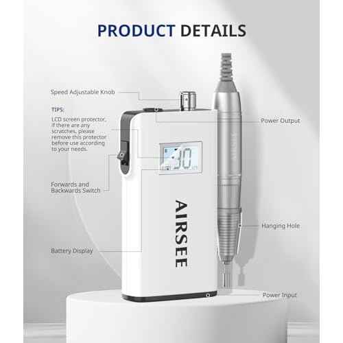 AIRSEE Rechargeable 30000RPM Electric Nail Drill Professional Portable E File Machine for Acrylic Nail Natural Extension Gel Nails Polish Cuticle, Cordless High Speed for Salon Home Use E8 White
