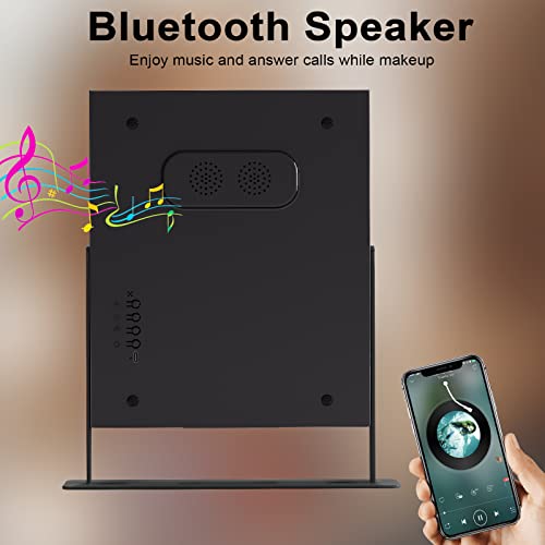 Hansong Lighted Black Vanity Mirror with Music Speaker and Wireless Charging Makeup Mirror with Lights 9 Dimmable Bulbs Lighted Hollywood Makeup Mirror 3 Color Lighting Tabletop