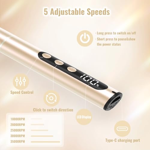 Denabuty Golden Cordless Electric Nail Drill 35000RPM Manicure & Pedicure Tool