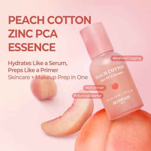 SKINFOOD Peach Cotton Zinc PCA Essence Serum Primer, Korean Skin Care Makeup Prep Hybrid Face Serum, Blurring Matte, Stocking Stuffers, Sebum Oil Control, Hydrating Primer for Sensitive (1.69 fl. oz.)