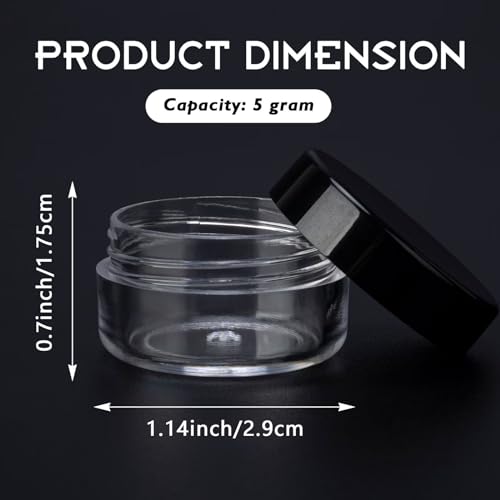 200 Count 5 Gram Sample Containers, Clear Lip Balm Containers with Lids, Small Plastic Sample Jars with 12 Mini Spoons, 200pcs Labels (Black Lid)