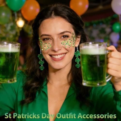 Mysense St Patricks Day Accessories,Shamrock Dangle Earrings,Four Leaf Clover Green Glitter Stick for Face Hair Body,Irish Festival Accessories for Saint Patrick¡¯s Day Outfit Women Girls