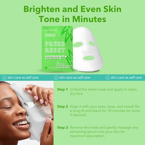 Patchology Press Reset Aloe Vera Face Mask - Moisturizing Facial Sheet Masks w/ Lavender & Vitamin B5 for Skin Relaxation & Revitalization - Ideal Skincare Solution for Sun-Exposed Skin (4 Count)