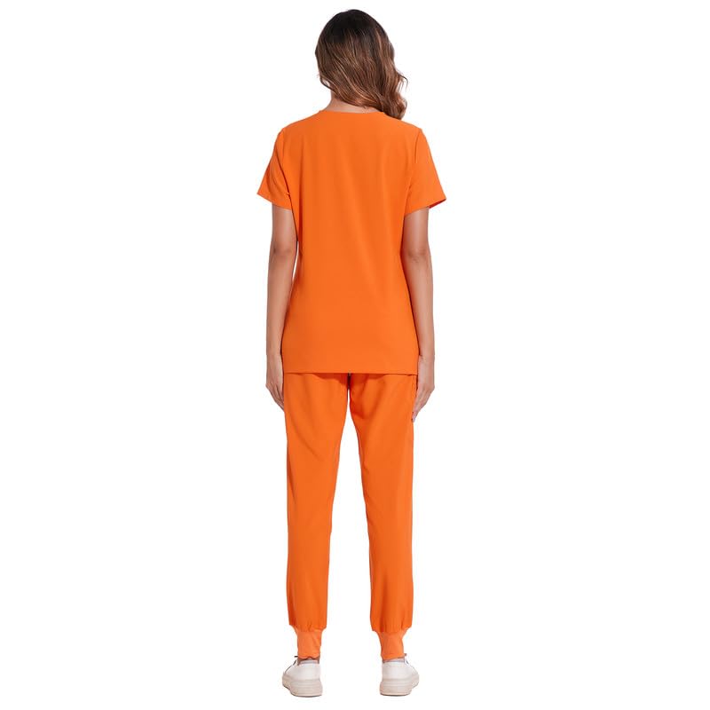 COZYFIT Scrubs for Women Set - Stretch V-Neck Scrub Top & Jogger Pant with 8 Pockets, Yoga Waistband, Anti Wrinkle, Slim Fit Women Scrubs - Orange, XS