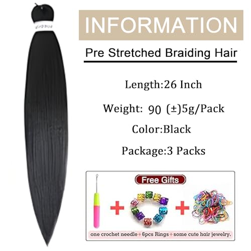 Braiding Hair Pre Stretched Extensions - 3 Packs Colored Hair for Braiding - Soft Yaki Braiding Hair with Hot Water Setting - Light Braiding Hair Extensions (1B, 26)