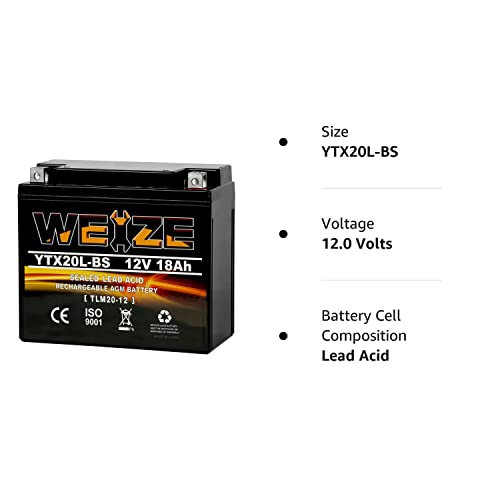 Weize YTX20L-BS High Performance Power Sports- Maintenance Free - Sealed AGM Battery ETX20L BS For Motorcycle ATV UTV snowmobile