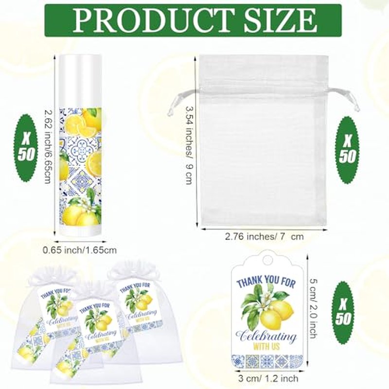50 Sets Lemon Lip Balm Bulk Baby Shower Favor with Organza Gift Bags and Thank Card Tags Lemon Themed Gifts for Baby Shower Baptism Birthday Party Supplies