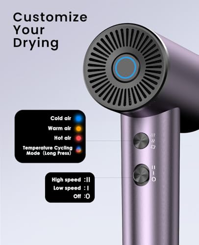 OSOU Ionic Hair Dryer Purple, High-Speed 150,000 RPM Brushless Motor, Quiet & Portable for Travel & Home