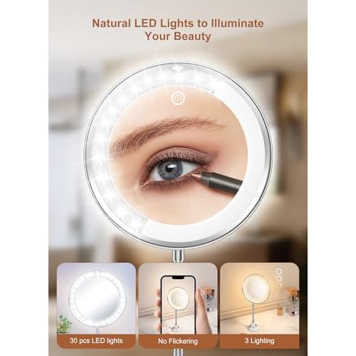 Brightown 10x Magnifying Mirror with Light,Flexible Gooseneck Make up Mirror with Lights and Magnification, Battery Operated with Suction Cups for Wall Bathroom Silver 3 Lighting