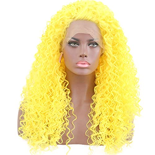 RONGDUOYI Afro Curly Synthetic Lace Front Wigs for Women Bright Yellow Long Curly Wig with Free Part 24Inch Daily Use Cosplay Party Wig