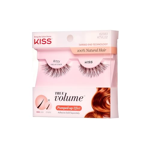 KISS True Volume False Eyelashes, Ritzy', 14 mm, 100% Natural Hair, Tapered End Technology, Contact Lens Friendly, Easy to Apply, Includes 1 Pair Reusable Strip Lashes (Pack of 3)