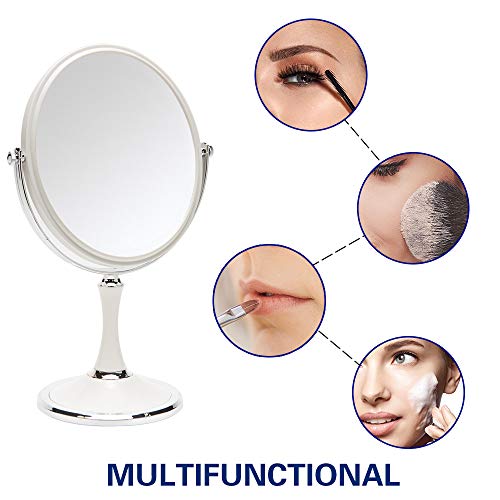 YEAKE White & Silver 8-Inch Double Sided Swiveling Table Mirror with 1X/3X Magnification, 13-Inch Stand Vanity Mirror