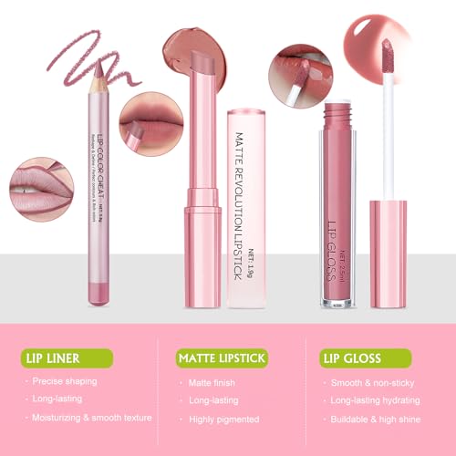 Nude Pink Lip Kit - Matte Lipstick, Lip Liner & Gloss Set