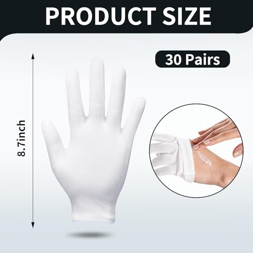 White Cotton Gloves for Dry Hands & Overnight Moisturizing, 30 Pairs