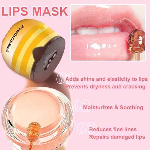Bee Propolis Strawberry Lip Balm - Hydrating Lip Sleeping Mask for Dry Lips | Strawberry Extract & Propolis | Moisturizing, Exfoliating Lip Treatment in Honey Pot