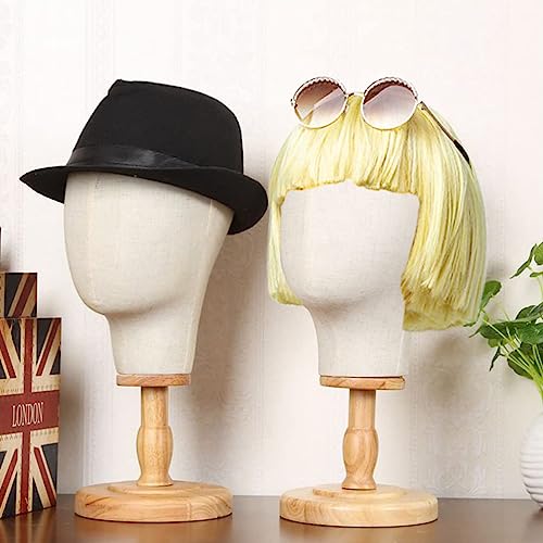 CHADWICK Wig Head Stand Mannequin Head Hat Display Stand Linen Wig Holder, Hat Rack Fabric Head, Canvas Dome + Detachable Wood Stand, Wig Display Model Head Wig Stand for Wigs, Hats, Caps, Headdress