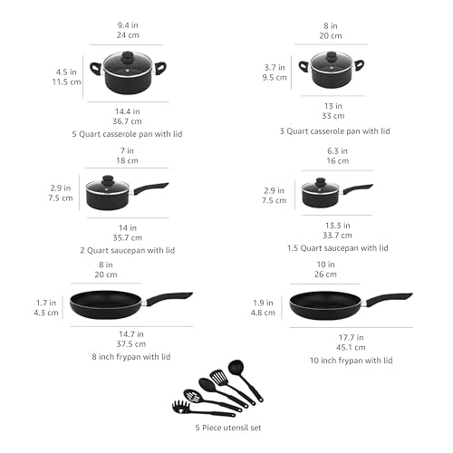 Amazon Basics Non-Stick Cookware 15-Piece Set, Pots, Pans and Utensils, Black