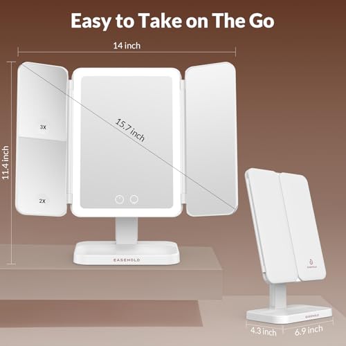 EASEHOLD Rechargeable Trifold Lighted Makeup Mirror 64 LED 1X/2X/3X