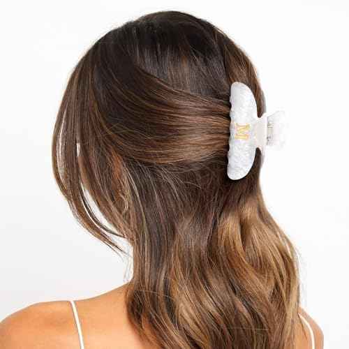 HAIMEIKANG Acrylic Letter Hair Clips For Women - White Hair Claw Clips for Bridal Monogram Hair Claw Alphabet Hair Clip,Large Claw Clip for Thick Hair