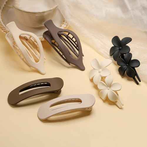6 PCS Flat Hair Clips, French Lay Flat Claw Clips for Women Girls, 3 Styles Strong Hold Non-slip Matte Hair Claws for Thin Thick Hair(Brown&White)