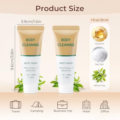 Mini Travel Body Wash, Individually Wrapped Travel Size Bulk Shower Gel Set, Trial Sample Small Single Use Men Women Toiletries Amenities for Hotel/Camping/Vacation/Homeless 1 Fl Oz (Pack of 100)