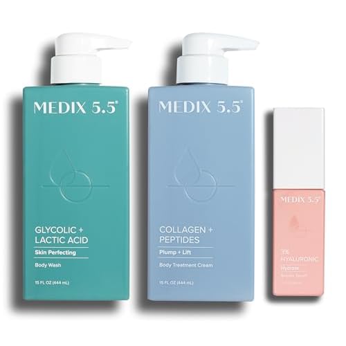 Medix 5.5 Glycolic Acid Body Wash + Collagen + Peptide Firming Cream + 3% Hyaluronic Acid Anti-Aging Booster Serum Set
