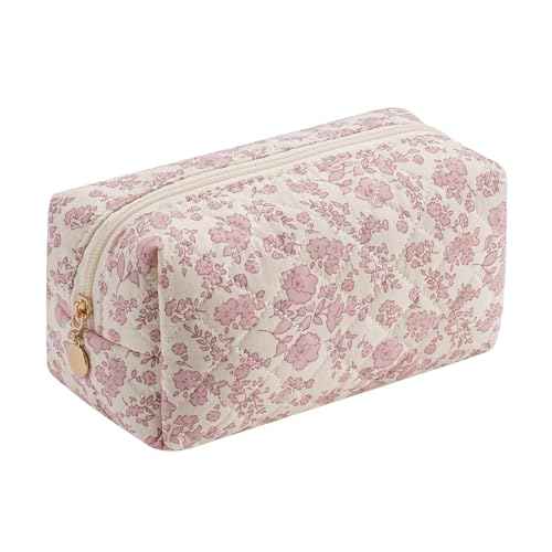 Gleyemor Small Quilted Makeup Bag for Women, Cute Floral Bow Cosmetic Bag, Emergency Bag Travel Toiletry Cotton Pouch Gifts for Girls Her Mom Friend Sister Bridesmaid (Pink Flower)
