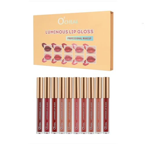 O'CHEAL 10Pcs Luminous Liquid Lipstick Makeup Set, Luminous liquid Long-Lasting Wear Non-Stick Cup Not Fade Waterproof Lip Gloss Series 7030