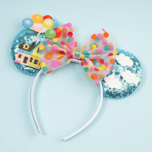 Bianbaistar Blue Balloon Mouse Ears Headband with Cloud & House Accents - Vibrant Party Accessory