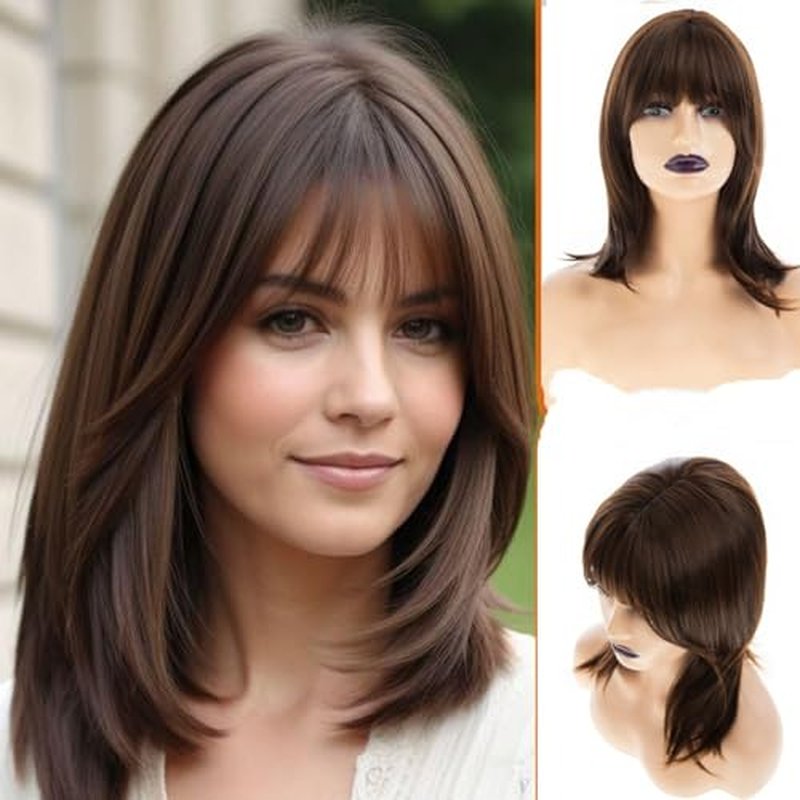 Long Brown Wig for Women - Natural Straight Layered Hairstyle with Bangs