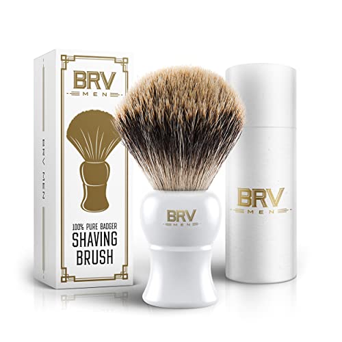 BRV MEN Pure Badger Shaving Brush (19mm knots) - Heavy Resin Handle - Use with Double-Edge Safety Razor, Straight Razor and Shaving Bowl (White)