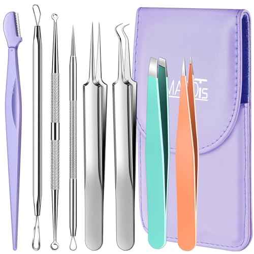 TsMADDTs Blackhead Remover Tools and Ingrown Hair Tweezers, 9PCS Pimple Popper Tool Kit, Ingrown Hair Removal Kit with Pimple Extractor, Pore Extractor, Tweezers, Razor