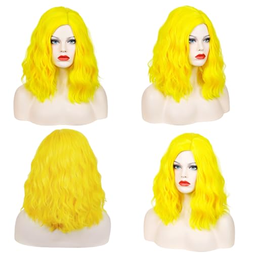 Yellow Short Bob Wig for Women - Heat-Resistant Curly/Casual Anime Cosplay Wig