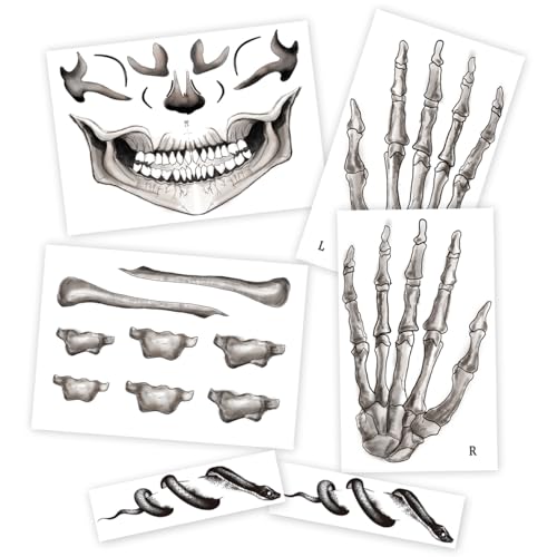 6-Pack Skull Temporary Tattoos – Halloween Skeleton Face Stickers