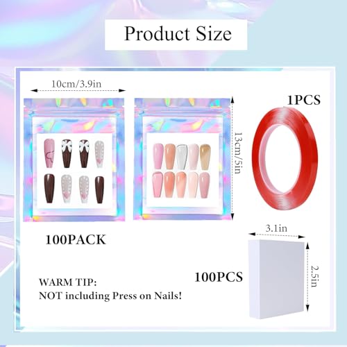 Press On Nail Packaging Bags Set - 100PCS Holographic with Cardboard