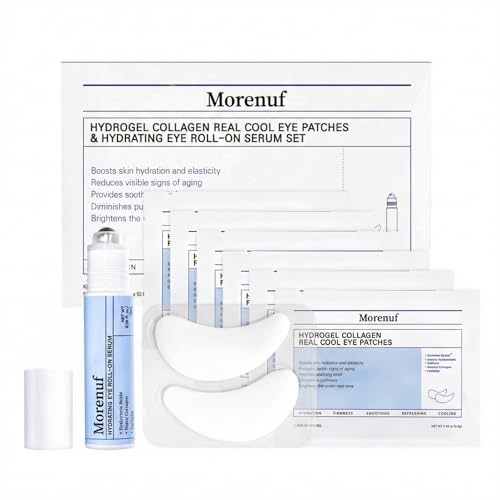 Hydrogel Collagen Real Cool 6 Pairs of Eye Patches & Hydrating Roll-On Serum Set for Dark Circles and Puffiness - Hyaluronic Acid and Caffeine Eye Serum Korean