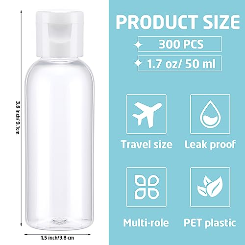 Maxdot 300 Pcs 1.7 Oz/ 50 ml Empty Hand Sanitizer Bottles Plastic Refillable Bottles with Flip Cap Mini Portable Reusable Travel Containers for Shampoo Cosmetic Body Soap