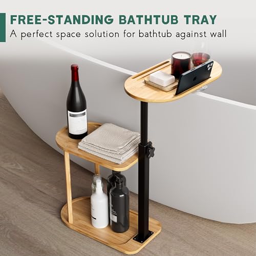 Bamboo Freestanding Bath Tray Caddy, 3-Layer Bathtub Organizer
