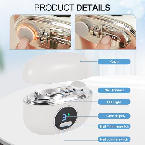 Electric Nail Clipper with Adjustable Blade, LED Light, 3-in-1 Manicure Set for Seniors & Kids