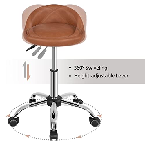 Yaheetech Rolling Stool with Back Support Adjustable Height Brown