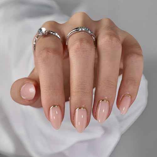 BTArtbox Press On Nails Almond - Short Gold Foil Press On Nails with Glue for Women, Semi-Transparent Soft Gel Glue On Nails in 16 Sizes - 32 Stick On Nails Kit, Gold End