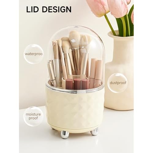 Makeup Brush Holder with Dustproof Lid, 360 Rotating Makeup Brush Organizer, Brushes Cup for Cosmetics, Nail Polish, Bathroom Vanity