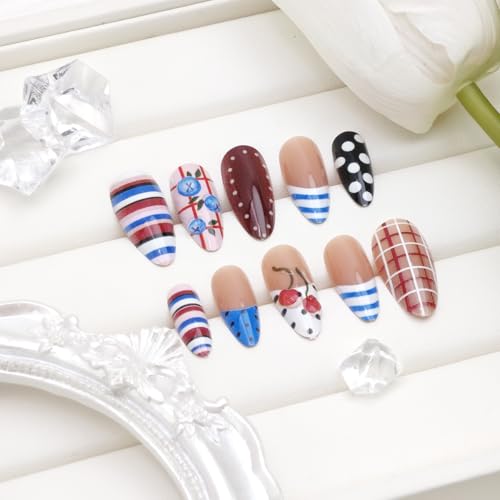 24Pcs Red White and Blue Press on Nails Medium Length Almond Y2k Fake