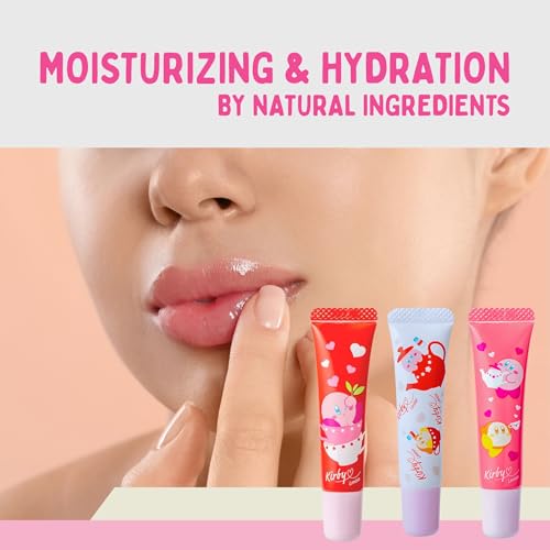 Kirby 3EA Cute Lip Gloss for Girls & Women, Mini Lip Gloss Tubes with Rose, Tea Leaf & Vitamin E, Hydrating Lip Gloss for Women & Lip Moisturizer Made in Japan, Green Tea+ Peach Tea+ Milk Tea