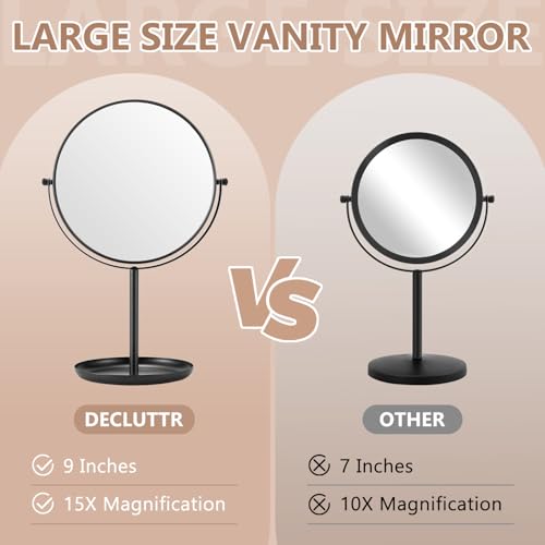 DECLUTTR 15X Magnifying Makeup Mirror, 9 Inch Tabletop Mirror on Stand, Large Double Sided Mirror for Desk, Black
