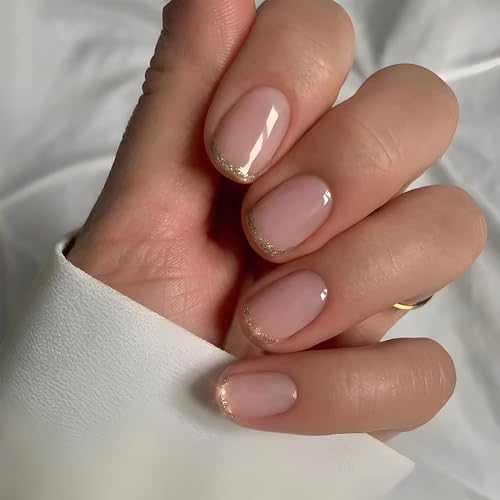 Short Square Press On Nails - Pink French Tip with Gold Accent