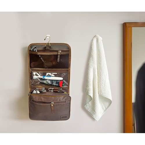 RUSTIC TOWN Leather Hanging Toiletry Bag for Men - Travel Shaving Dopp Kit - Bathroom Shower Toiletries Organizer - Leather Cosmetic Makeup Bag for Women