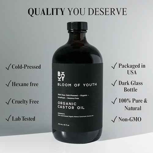 100% Pure Cold Pressed Organic Castor Oil, Glass Bottle 16oz | Hexane Free, Unrefined, USDA Certified | For Hair Growth, Skincare, Castor Oil Pack, Face, Joints, Carrier Oil, Eyelashes, Eyebrows