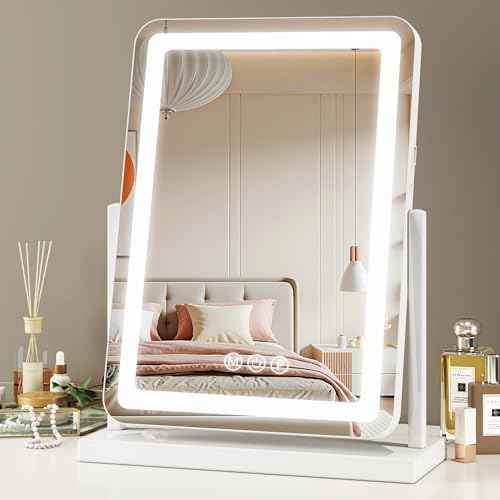 Vanity Mirror with Lights, 18"x13" Hollywood Lighted Makeup Mirror for Tabletop & Bedroom 3 Color Lighting Modes Smart Touch Control 360¡Æ Rotation Detachable